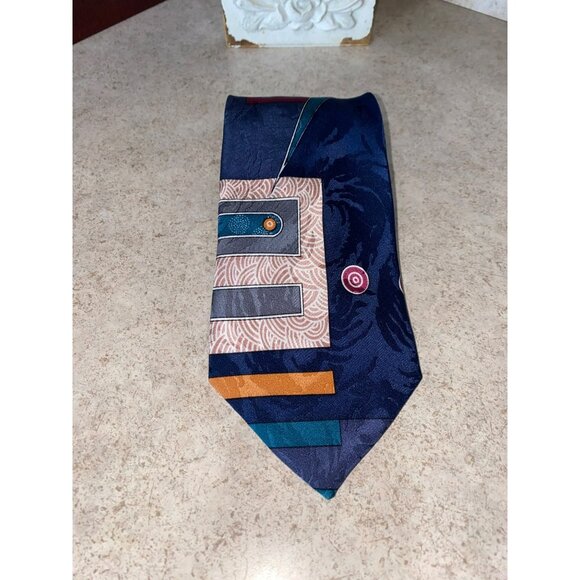 Vintage Silk Accents Blue Geometric Pattern Tie 100% Silk Mens Neckwear 59" Long - Picture 6 of 6